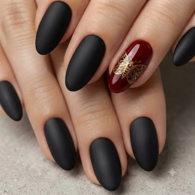 Hades era nail art with matte black base, glossy blood red accent nail and gold moth wing detail for 2026