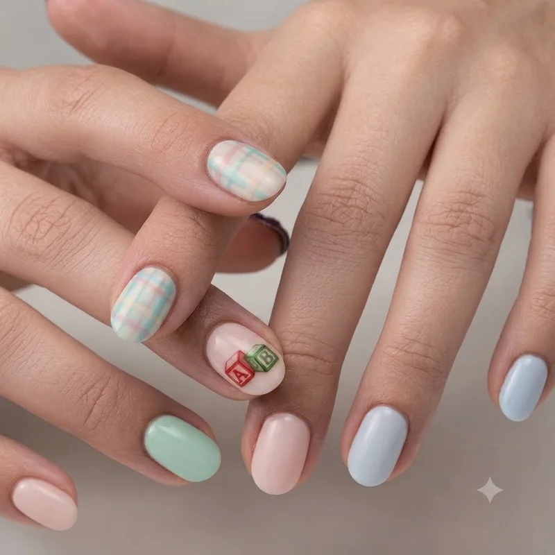 K-12 era Melanie Martinez nail aesthetic with pastel base, plaid accent nail and tiny hand-painted alphabet block detail