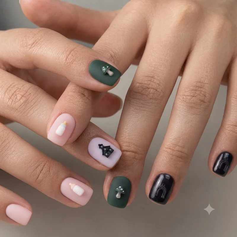 Melanie Martinez nails flatlay comparing all four album eras, from soft pastel Cry Baby tones through dark gothic Hades finish