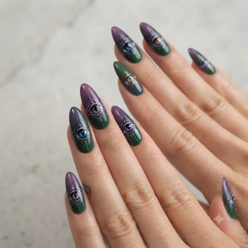 Portals era Melanie Martinez nail art with forest green to purple gradient, almond shape and hand-painted eye motif detail
