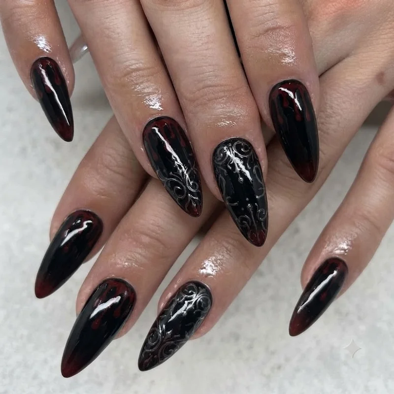 Press-on Melanie Martinez nails in Hades era black and red gothic set, concert-ready for the 2026 tour
