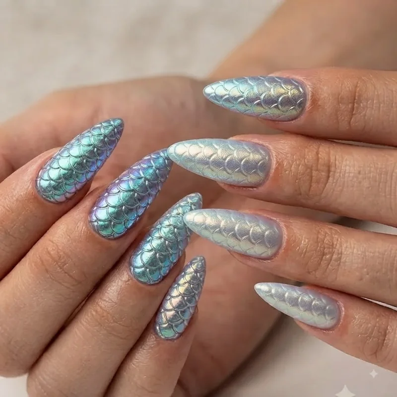 Grid of mermaid nail designs showing different shapes, lengths, and skin tone pairings side by side