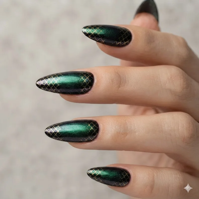 Mermaid nail designs in deep emerald gothic duochrome with fine gold scale accent detail