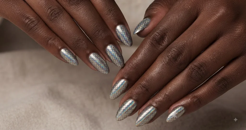 Mermaid nail designs in iridescent chrome scale finish on almond-shaped nails under natural light