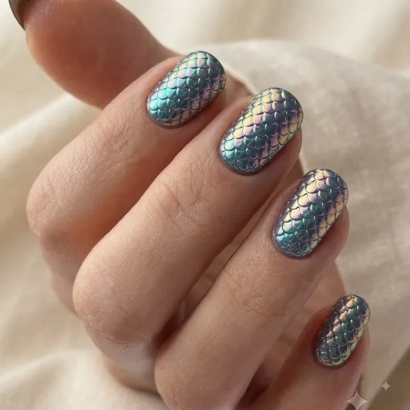 Mermaid nail designs on short round shape nails proving the chrome finish works at practical everyday length