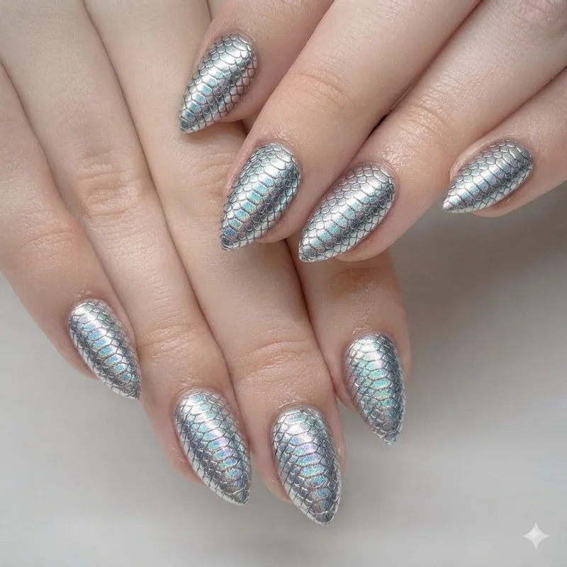 Mermaid nail designs in silver chrome scale effect with iridescent duochrome shimmer on medium length nails
