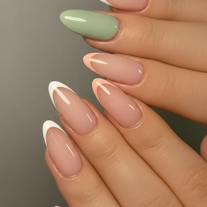 Micro french tip colour variations white sage peach and chrome on sheer pink base showing summer 2026 trending nail options