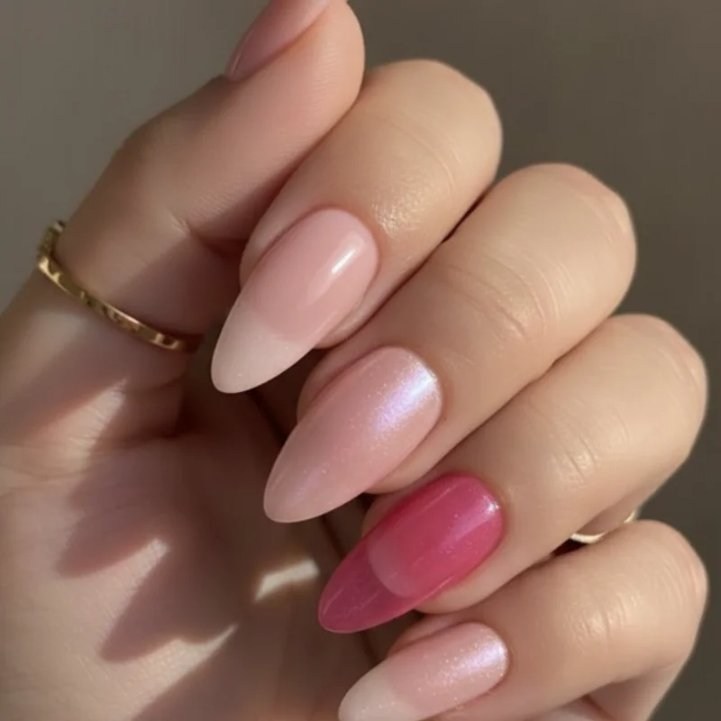 Nail finish spectrum showing soap nails milky pink glazed donut jelly and glass nails opacity comparison from sheer to reflective