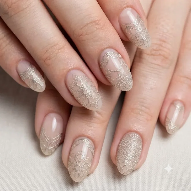 Line nail art for short almond nails using a single vertical line for an elongating effect