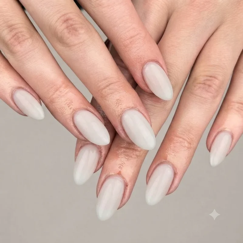 Milky French tip manicure with a soft diffused tip painted over a sheer creamy milky base
