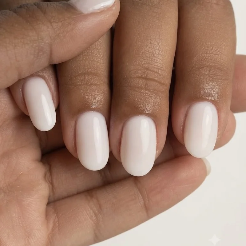 Milky nail polish being applied in a thin even coat during an at-home manicure setup