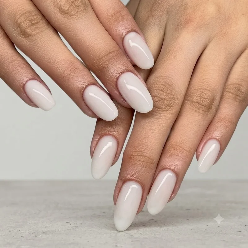 Classic milky white manicure shown in close up detail with soft minimalist nail styling and glossy finish