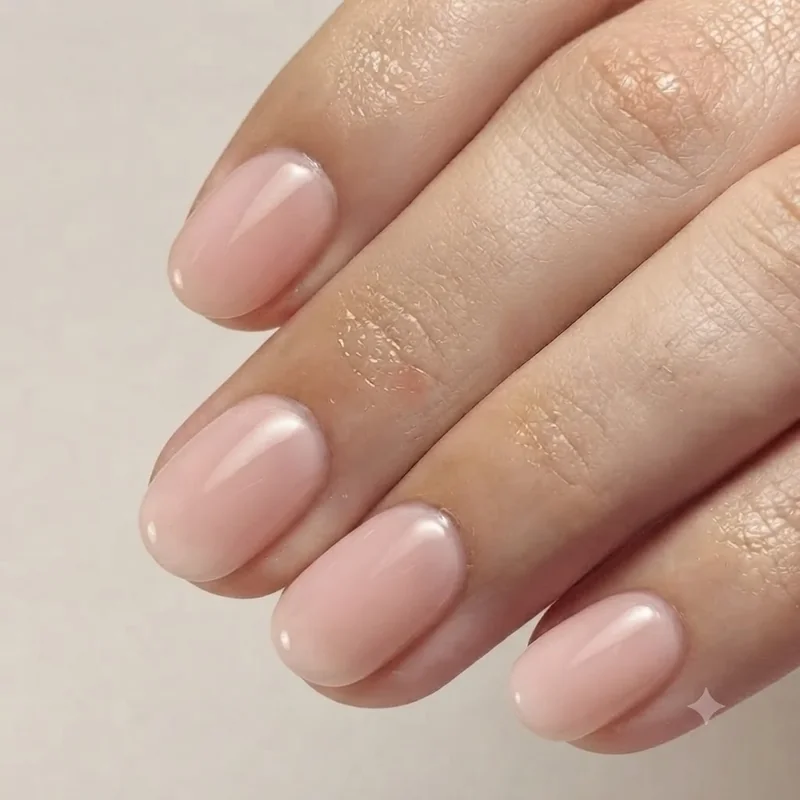 Short almond shaped milky white nails with a glossy semi-sheer finish over the natural nail bed