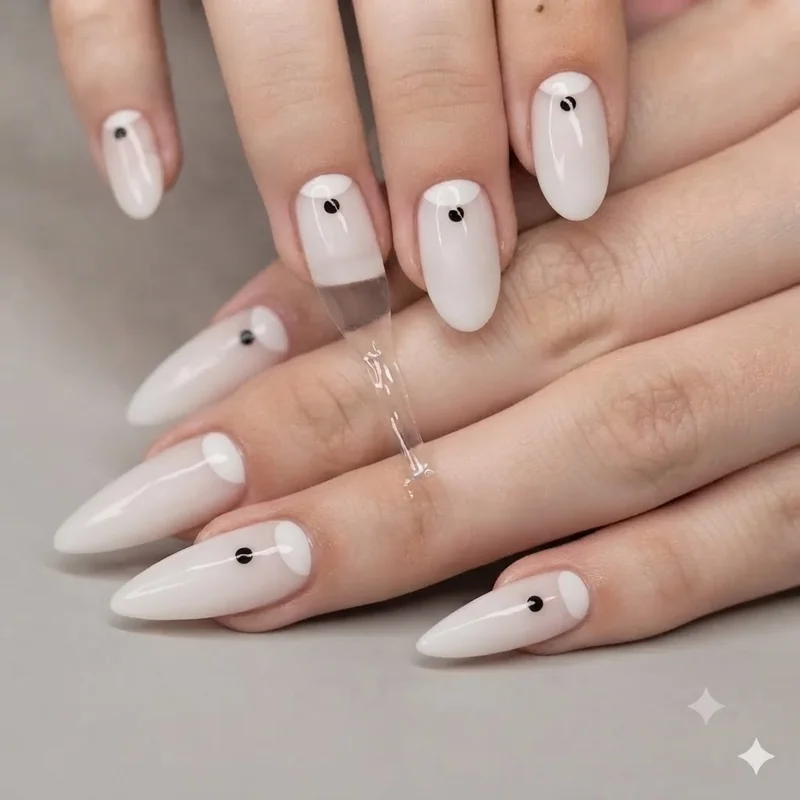 Ombre gradient dot effect nail art in coral and orange tones on minimalist accent nail