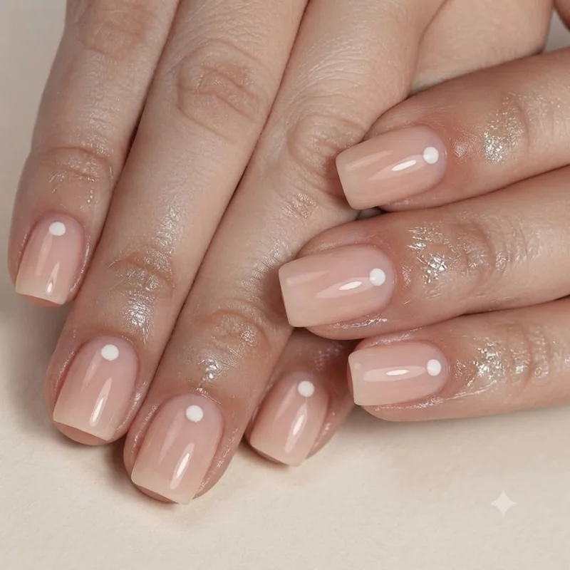 Vertical center-line dot nail art design on almond nail shape, minimalist placement style