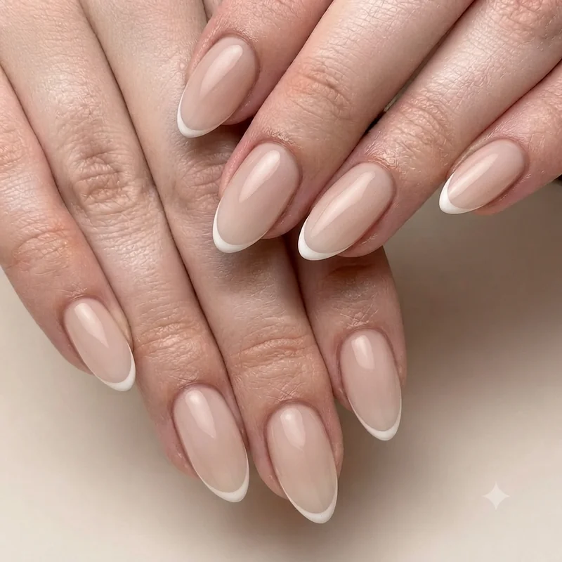 Fine line and micro dot minimalist nail art on sheer nude polish, close-up editorial shot