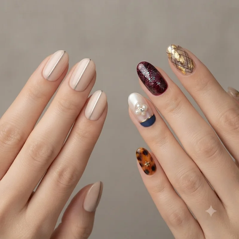 Side by side comparison of minimalist single line nails and maximalist layered nail art design