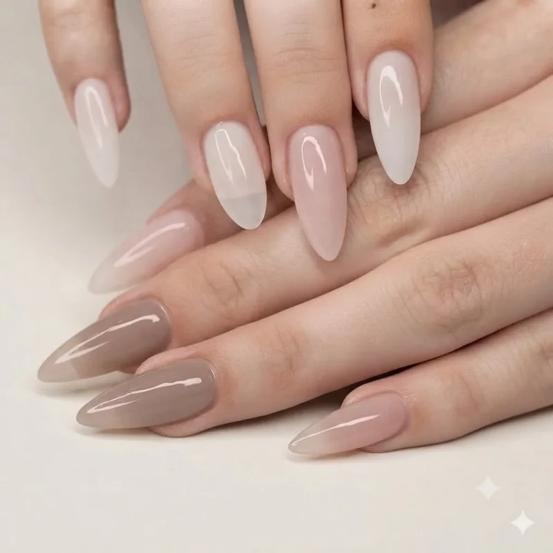 Single-shade monochromatic manicure in milky white polish with glossy topcoat finish