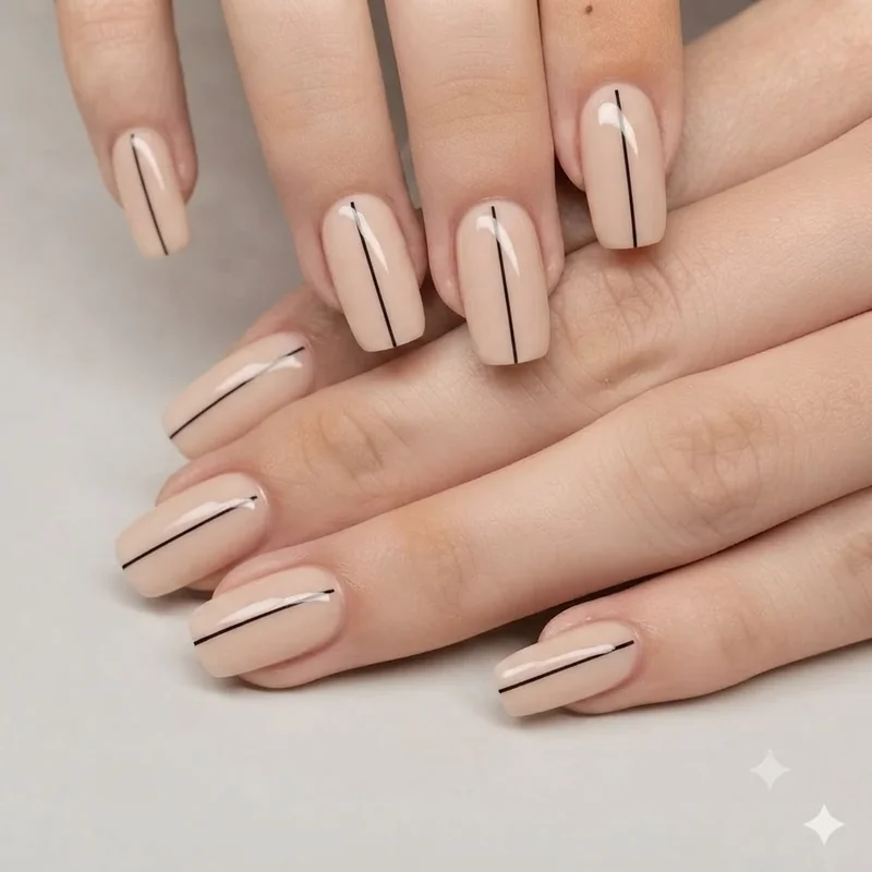Minimalist single line nail design on short squoval nail shape with nude polish base