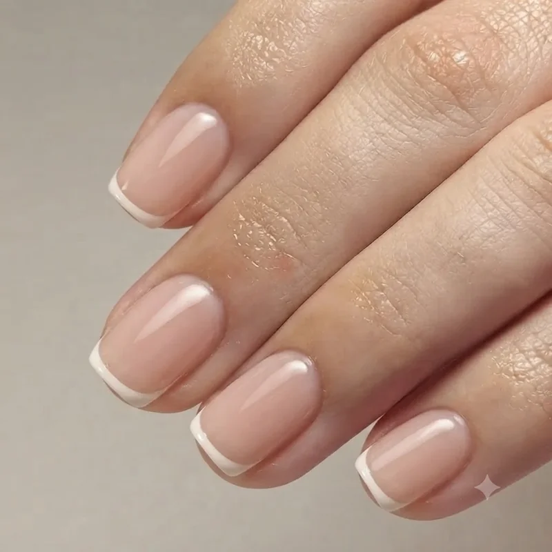Micro French tip on short squoval nails with a thin hairline white edge