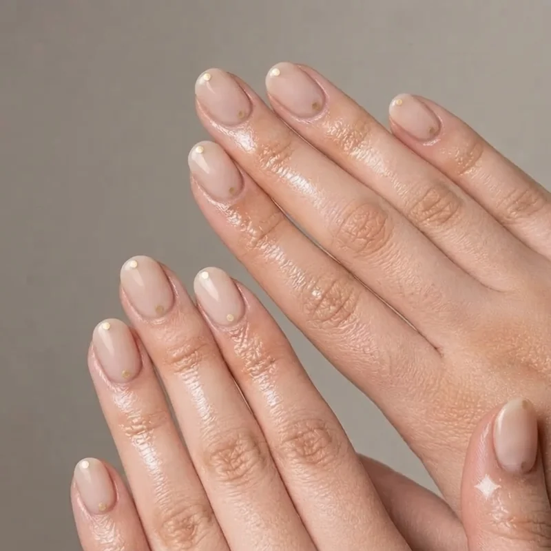 Short round nails with a soft dot accent echoing the curved tip shape