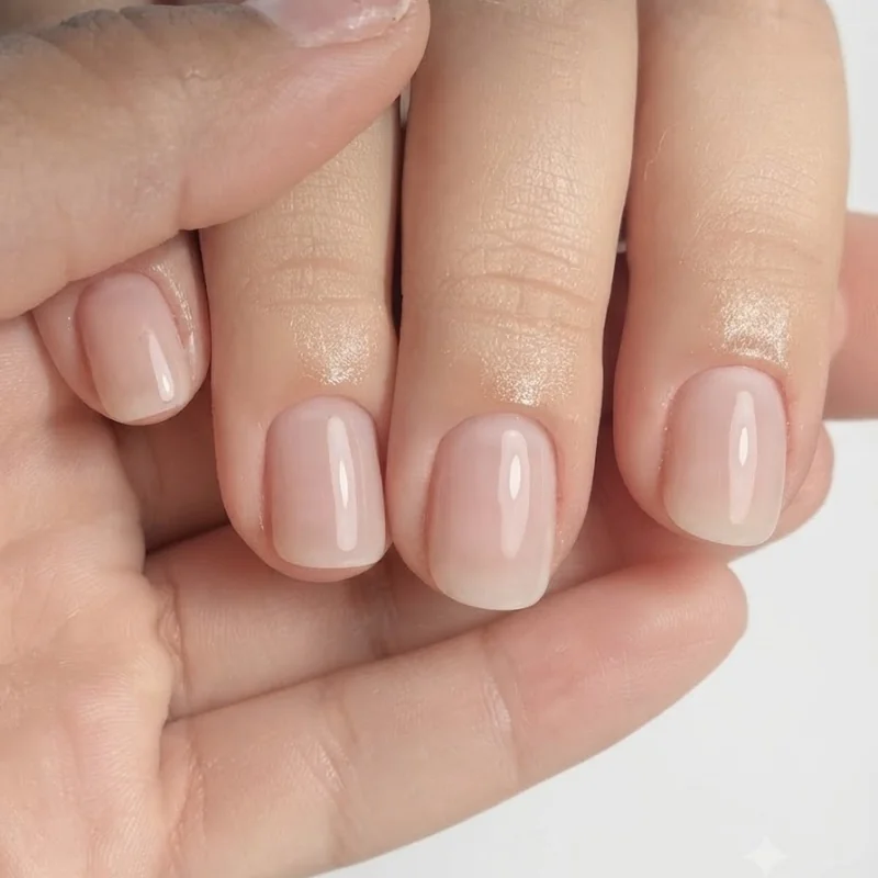 Soap nail finish on short nails showing translucent glossy sheer polish