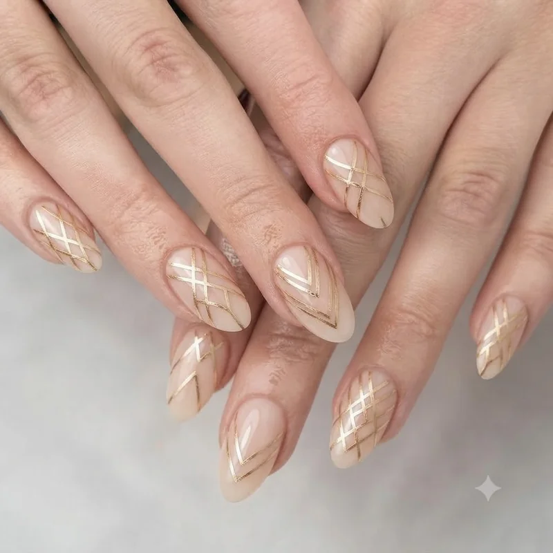 Almond shaped negative space nails with clean geometric lines over a sheer nude base coat