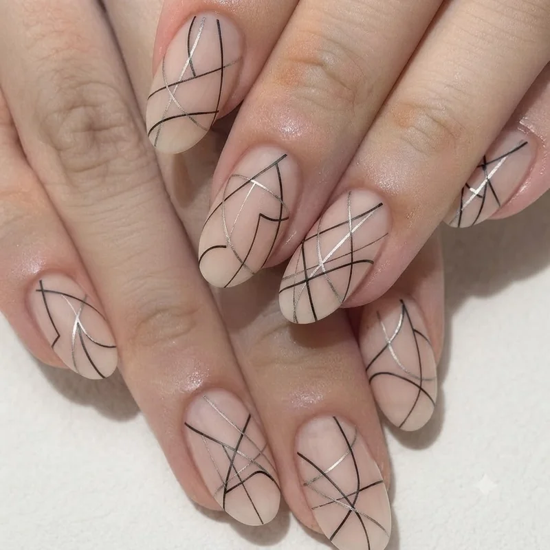 Fine line abstract negative space nail art with asymmetrical strokes over bare nail
