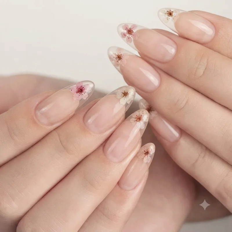 Floral framed negative space nail design with single accent bloom against sheer nude base