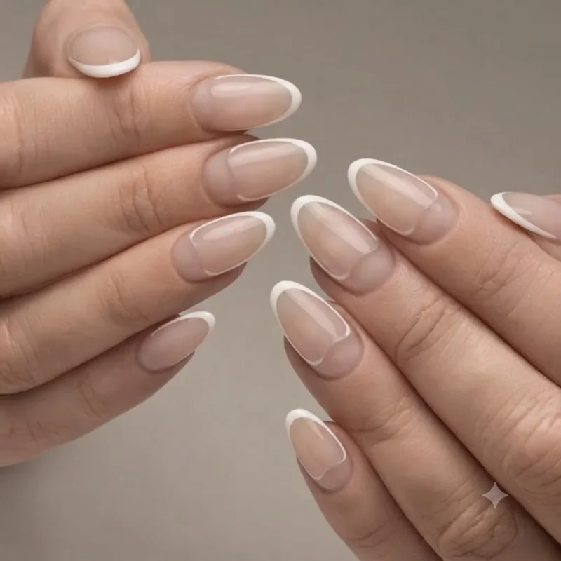 Floating French tip negative space nail design with thin outlined line and bare nail below