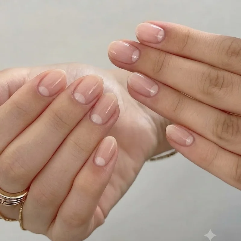 Short negative space nail design featuring a simple half moon shape at the nail base