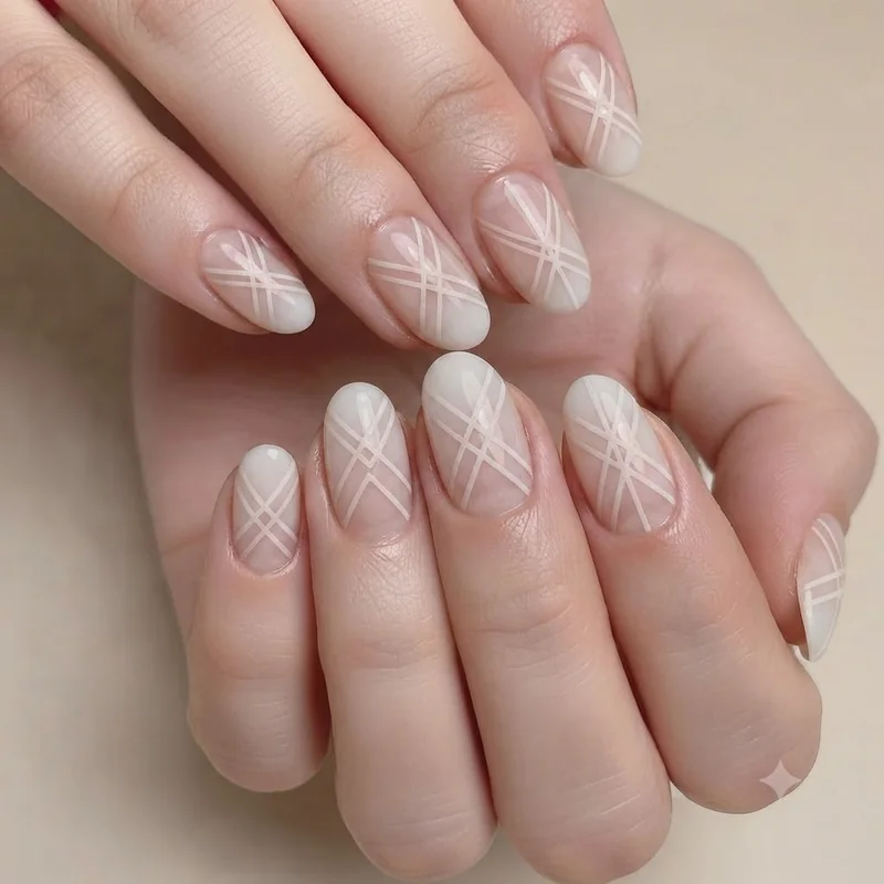 Close up of negative space nails created using tape technique with crisp clean line manicure