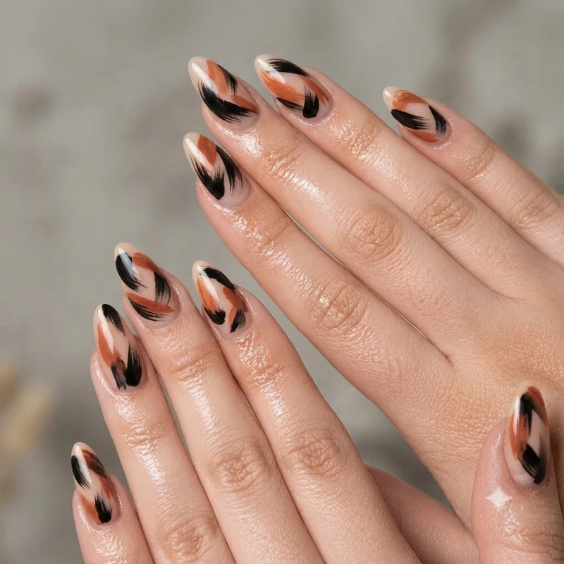 Abstract brushstroke nail art idea with visible, hand painted lines in two contrasting colours on an almond nail shape look