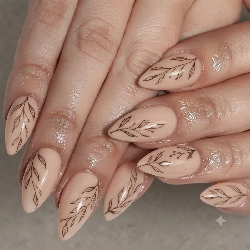 Botanical line work nail art idea featuring a fine, single line leaf motif in ink toned colour for editorial manicure styling