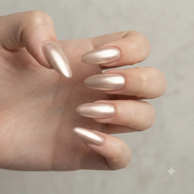 Champagne chrome nail art idea in a soft, warm metallic finish, a wearable entry point into chrome manicure looks overall