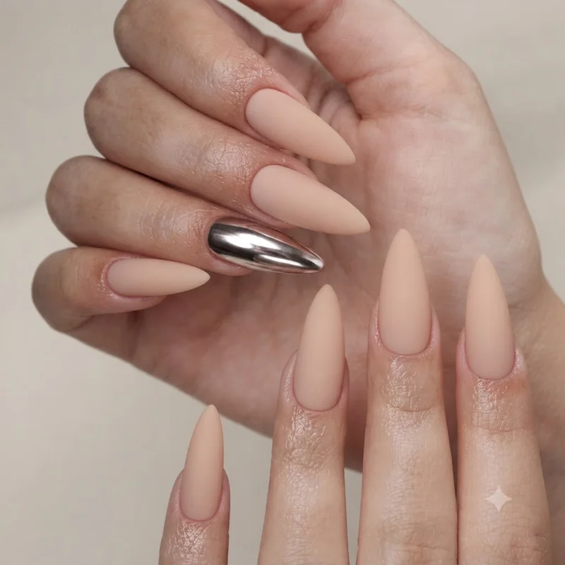 Chrome accent nail art idea applied to a single ring finger nail against a matte base for low maintenance manicure styling