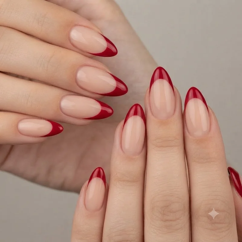Color dipped French tip nail art idea featuring a saturated red line for a modern update on the classic manicure shape look