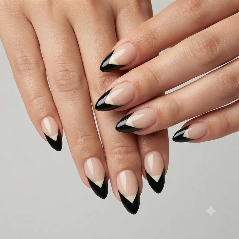 Graphic French tip nail art idea with an angled, two tone line for a bold, editorial take on the classic manicure shape look