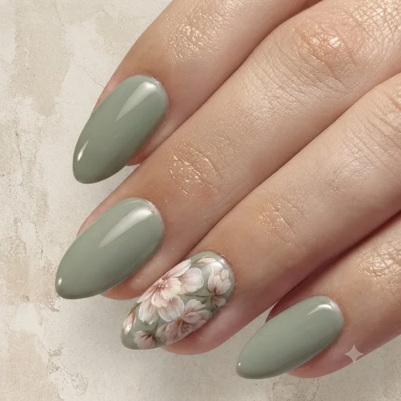 Hand painted floral bloom nail art idea on an accent nail paired with a sage green base for nature inspired manicure styling