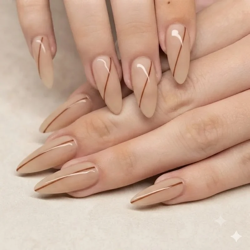 Minimalist single line nail art idea drawn freehand in a diagonal placement across a bare, neutral base manicure look design