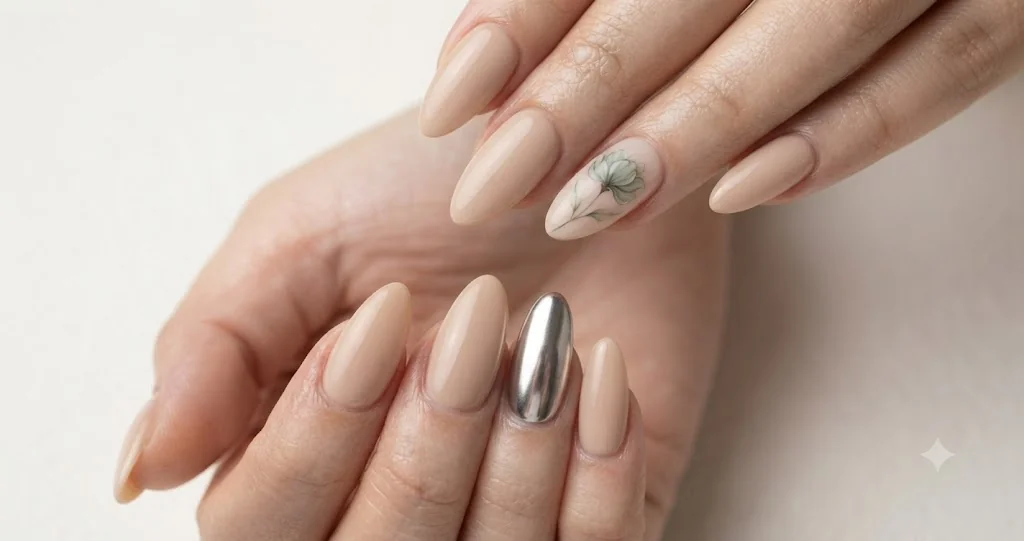 Nail art ideas hero image featuring a curated collage of minimalist, chrome, and floral manicure styles