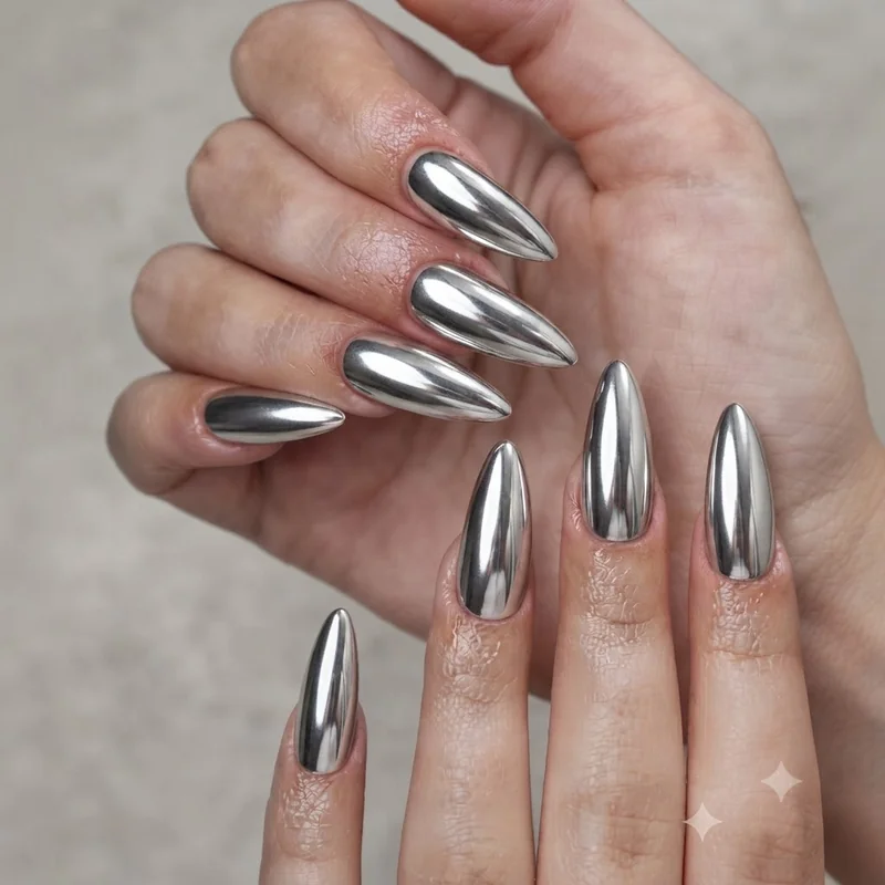 Mirror chrome nail art idea in reflective silver, a bold statement finish showing full coverage metallic manicure style look