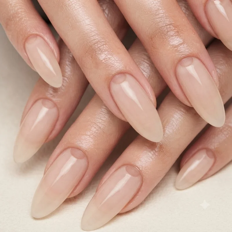 Negative space bare canvas nail art idea with a sheer, clear base and a small cutout detail placed near the cuticle line area
