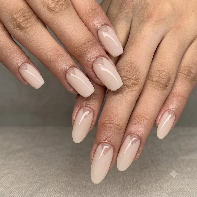 Negative space cutout nail art idea with a geometric shape near the cuticle, letting the natural nail show through clearly
