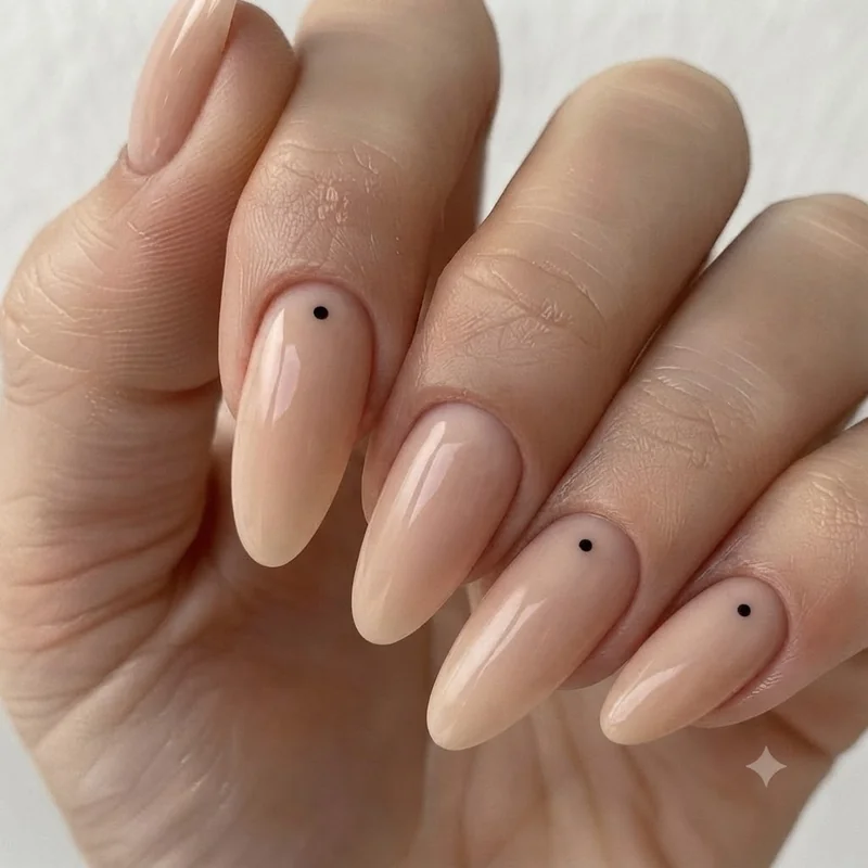 Off center asymmetrical nail art idea with a single dot placed intentionally to one side of the nail bed for visual balance