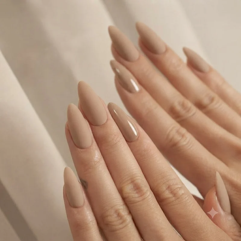 Tone on tone nail art idea pairing matte and glossy finishes in the same neutral shade for subtle textural contrast style
