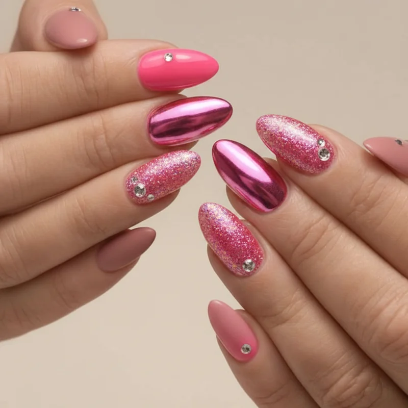 Glitchy glam mismatched manicure showing tonal colour story with warm earthy shades as the anti-clean-girl aesthetic 2026