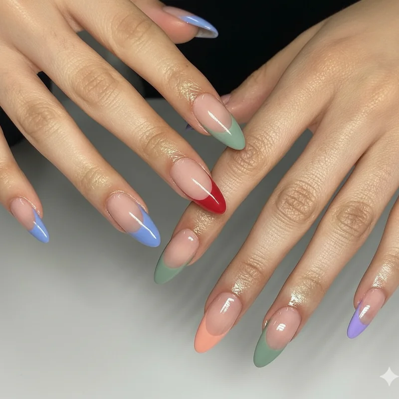 Mismatched French tip nails showing colour variation across powder blue cherry red butter yellow and black tips structured format