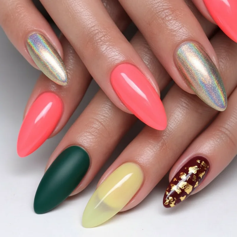Mismatched nail inspo gallery showing twelve curated sets including tonal jewel pastel and glitchy glam 2026 combinations