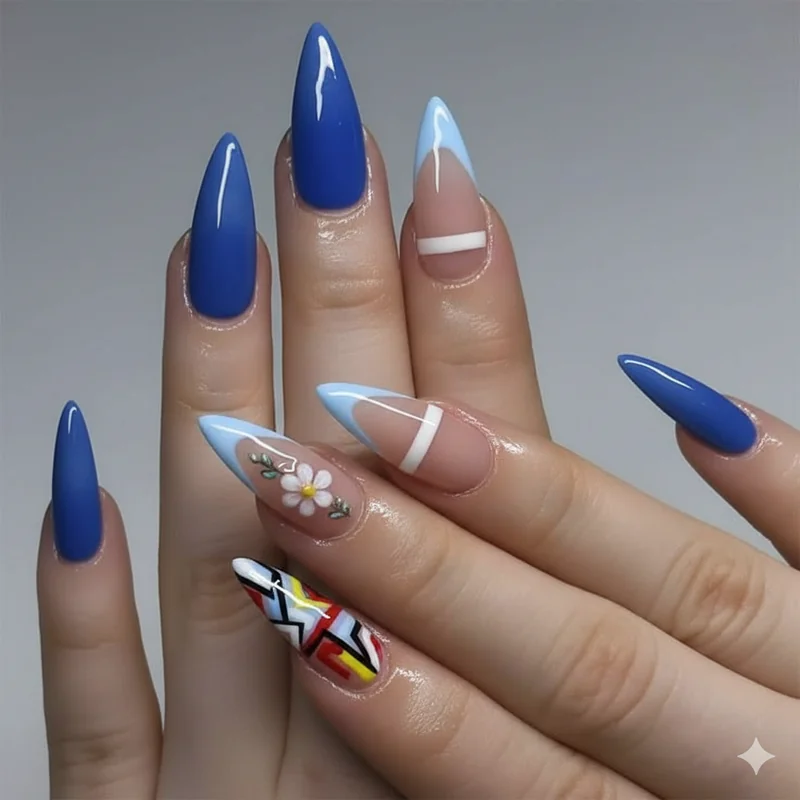 Mismatched nail spectrum showing two colour alternating set through to full different design per nail comparison guide